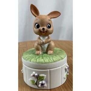 Lefton Bunny Rabbit Easter trinket dish Ceramic Vintage Collectible Round Flower